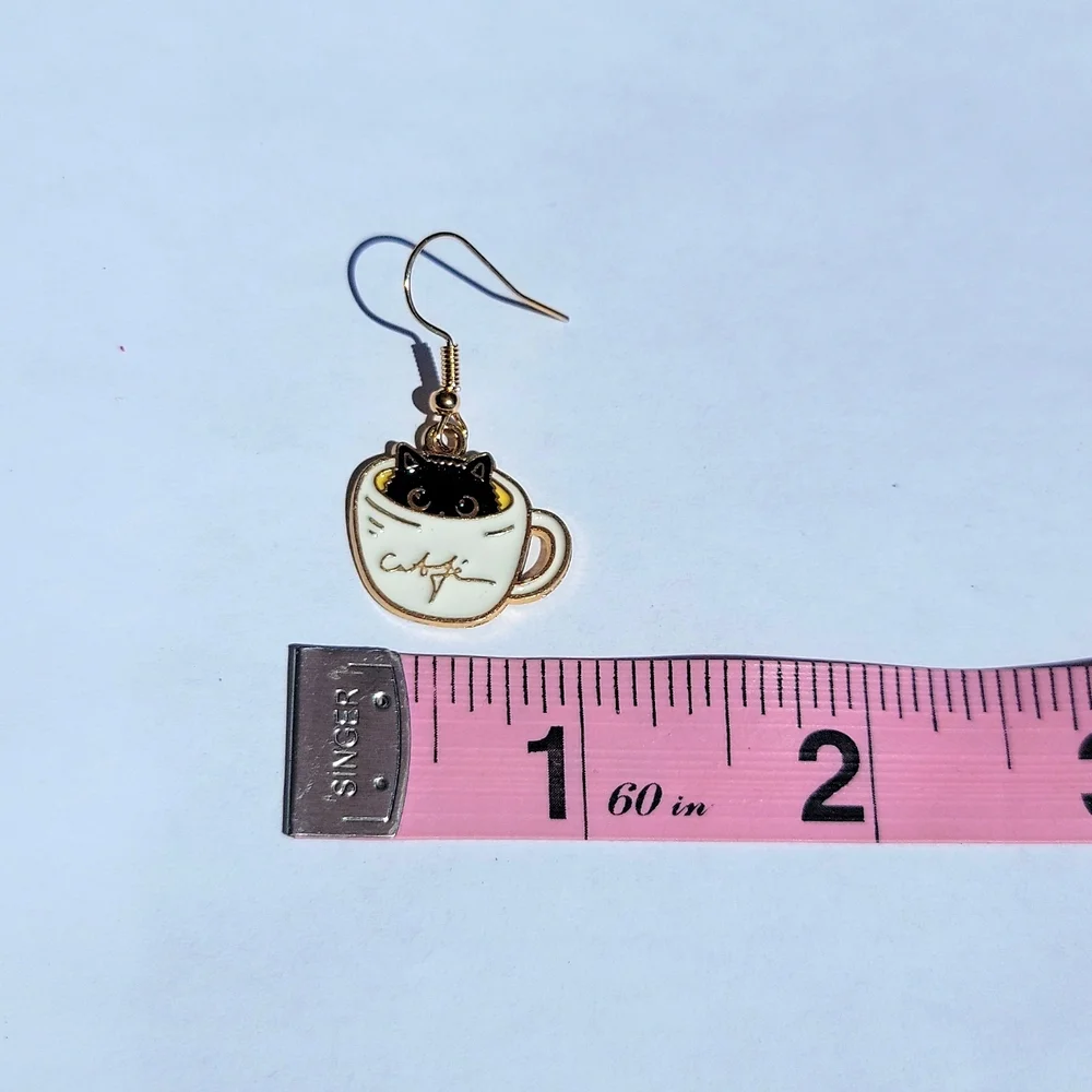 Cat Coffee Cup Dangle Earrings White Black 1.57 Inch Drop Pierced Ears New